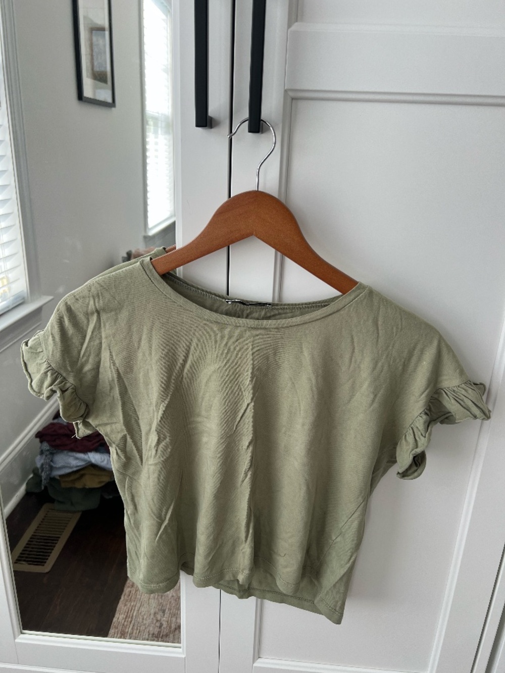 ZARA Ruffle Short Sleeve Cropped Tee - Sage / Olive Green - Small
